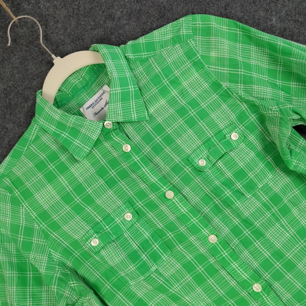 American Eagle Favorite Shirt Womens 8 Green‎ Plaid 3/4 Roll Tab Sleeve
